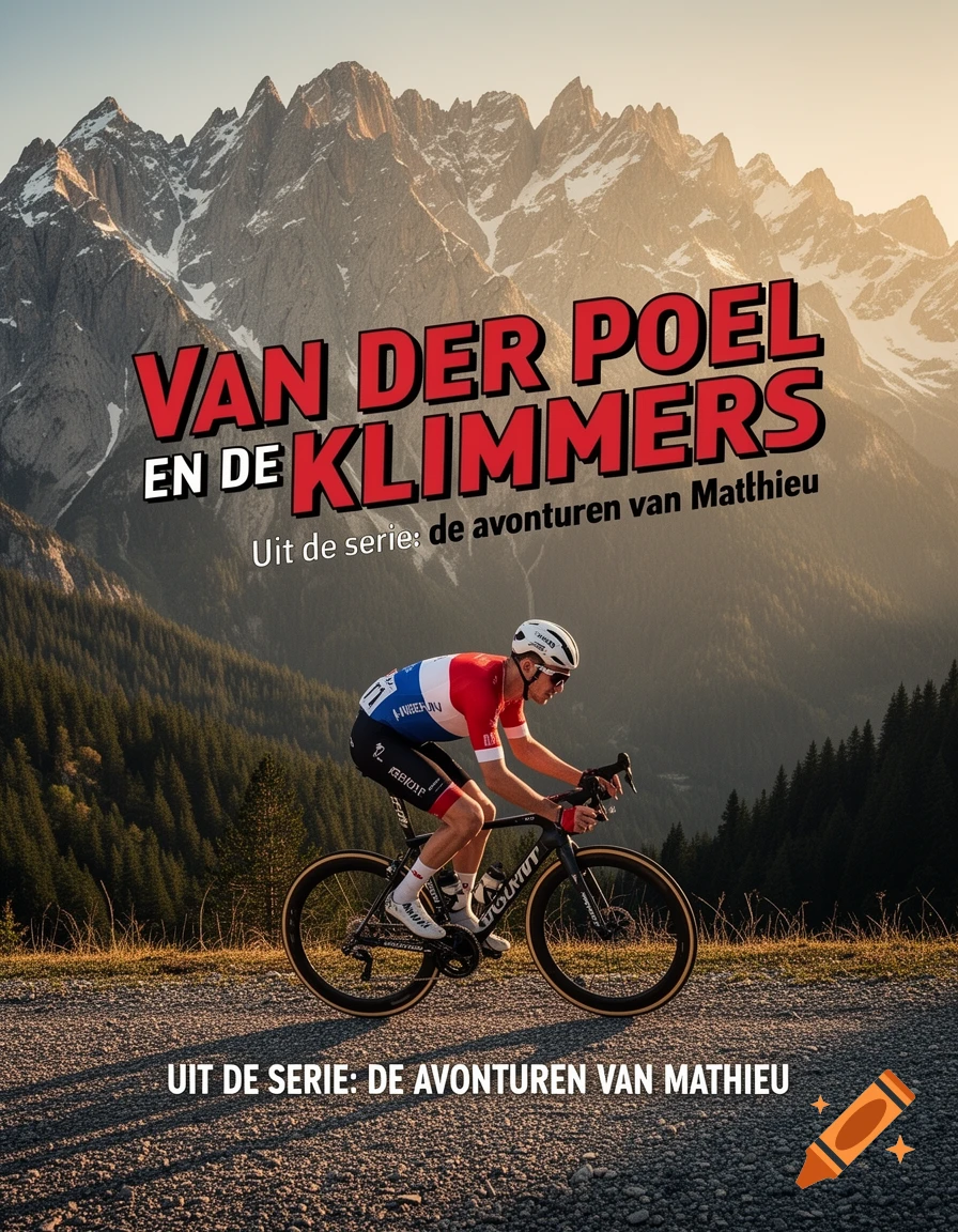 A photorealistic book cover featuring a professional cyclist in a red, white, and blue jersey on a mountain road, with snow-capped peaks in the background at sunset. Text reads "VAN DER POEL EN DE KLIMMERS" and "Uit de serie: de avonturen van Mathieu".