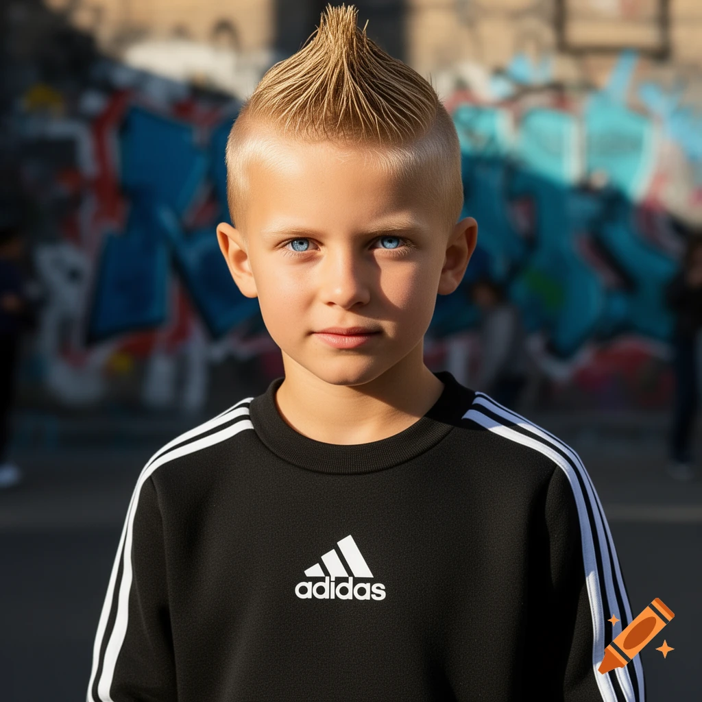 A young boy with blond hair in a mohawk and striking blue eyes wears a black Adidas sweatshirt against a blurred graffiti background.