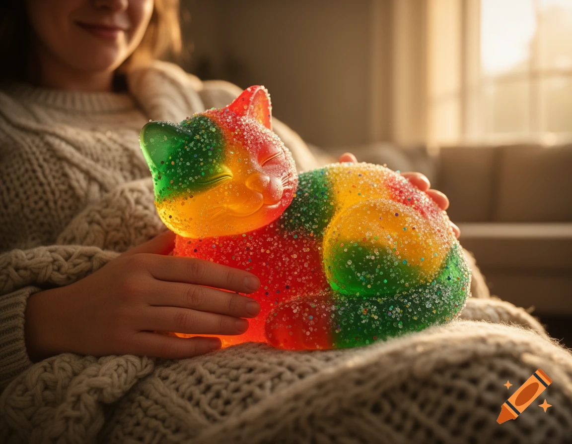 A photorealistic, colorful gummy cat candy covered in sour sugar crystals rests on a person's lap in warm sunlight.