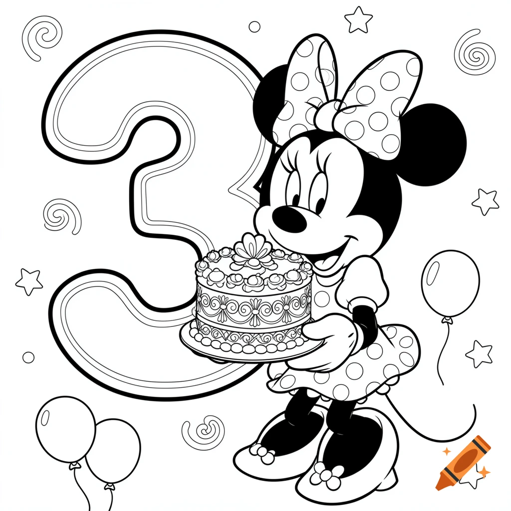 A black and white coloring page of Minnie Mouse holding a birthday cake, with a large number 3 behind her. Balloons and stars decorate the background.