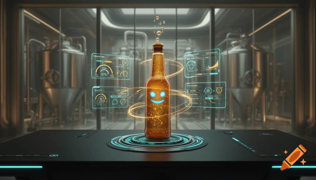 A holographic beer bottle with glowing blue eyes and a smile acts as an AI assistant in a futuristic brewery lab, surrounded by floating UI panels.