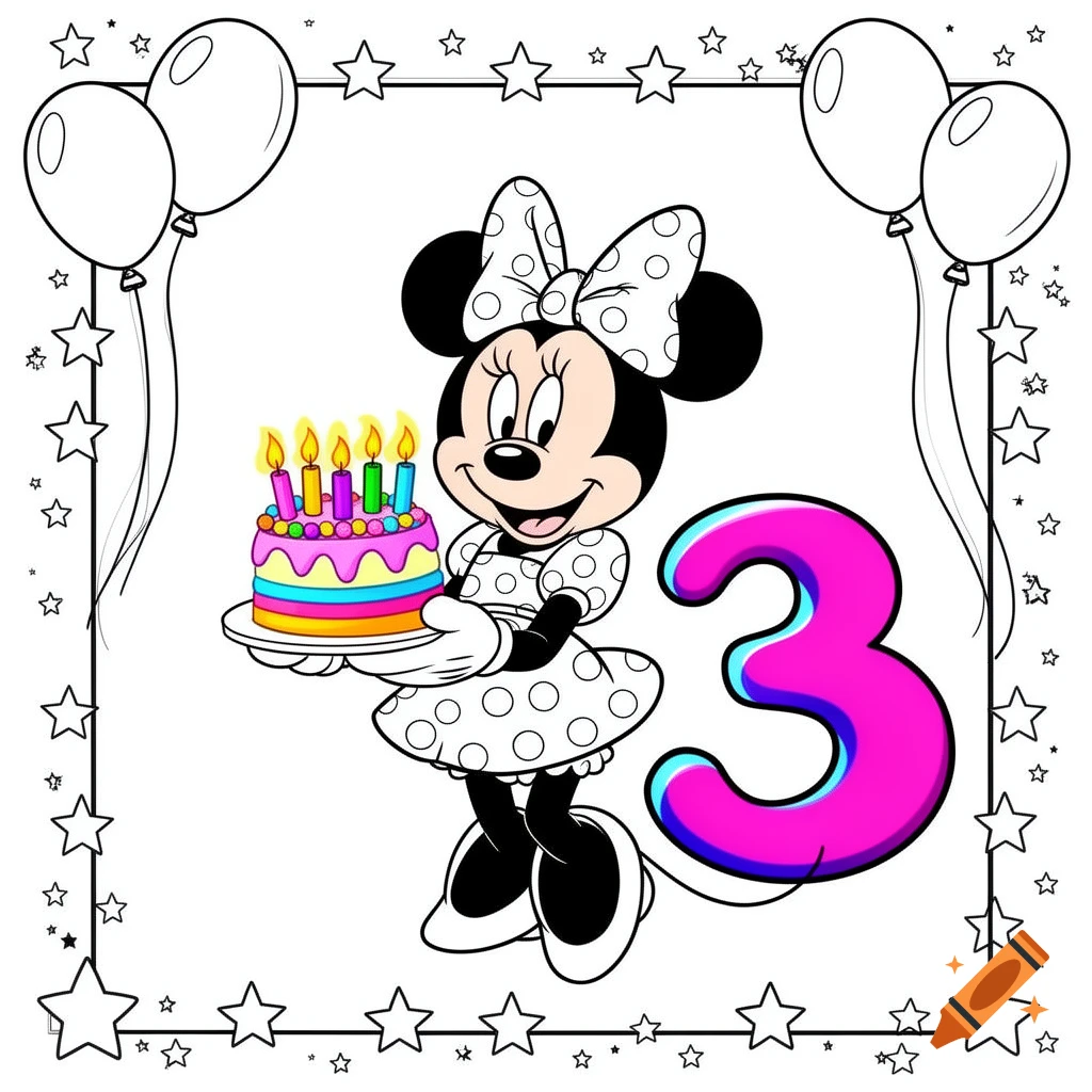 Minnie Mouse holding a birthday cake with candles, next to a large pink number 3, in a coloring page style with balloons and stars.
