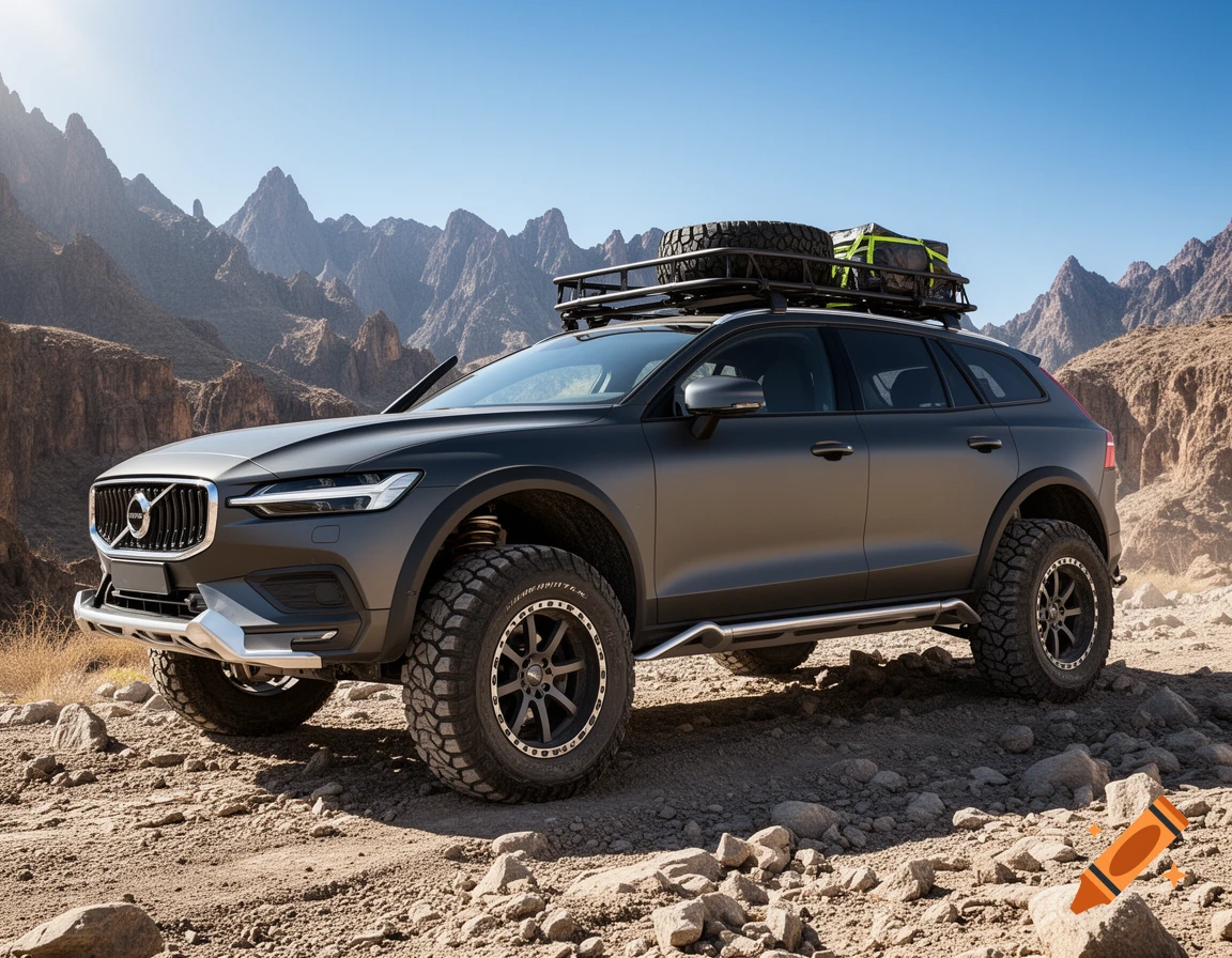 A dark gray modified Volvo V60 Cross Country with off-road tires and a roof rack parked in a rocky desert landscape.