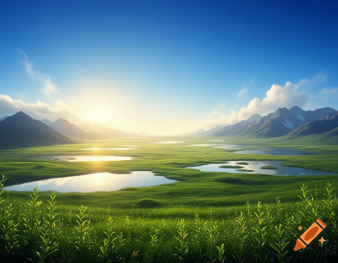 A panoramic view of a lush green valley with winding lakes reflecting the bright sun and distant mountains under a blue sky.