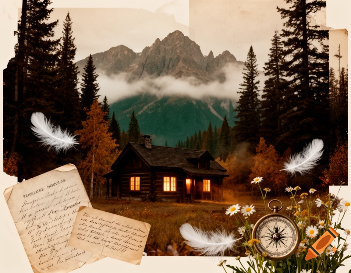 A whimsical collage featuring a rustic cabin in a mountain forest, surrounded by floating white feathers, daisies, a compass, and old handwritten papers.
