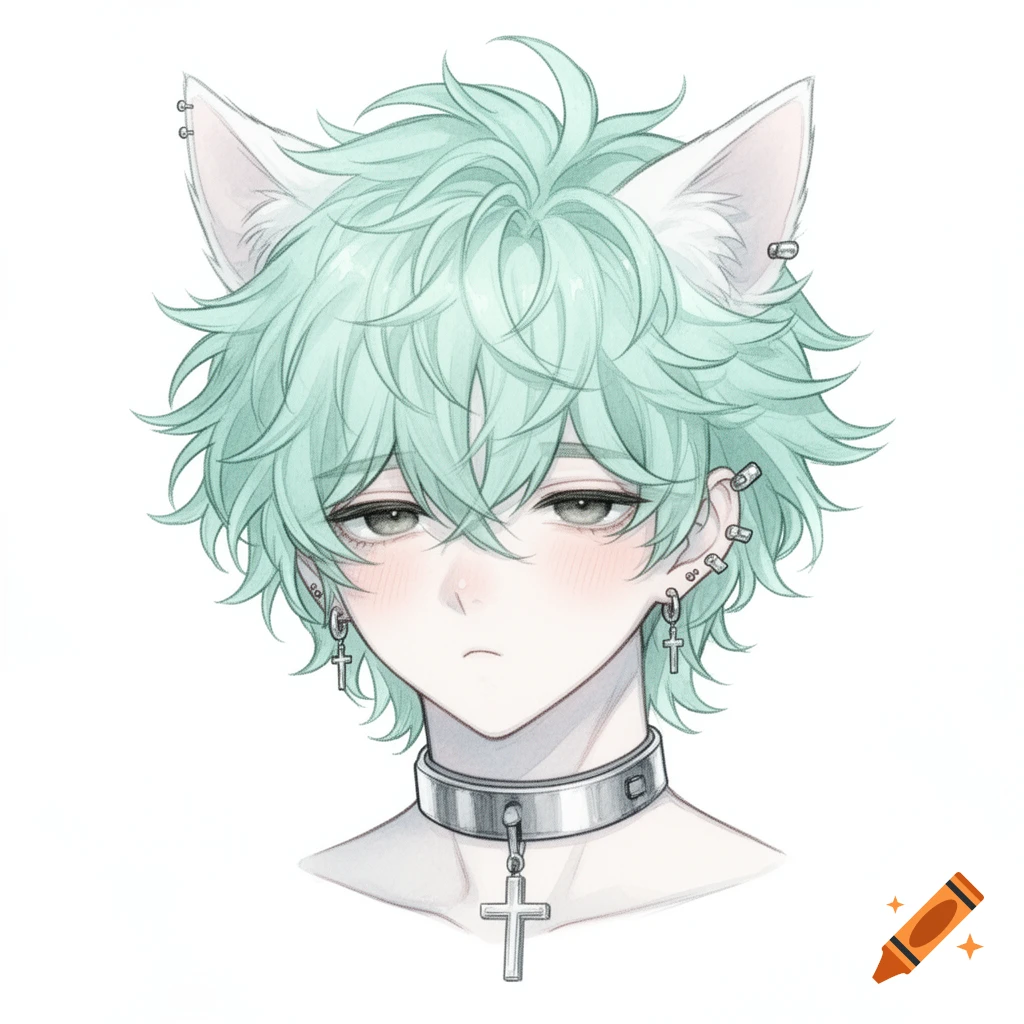 Anime illustration of a melancholic beast teenager with mint-turquoise hair, cat ears, ear piercings, and a silver collar with a cross.