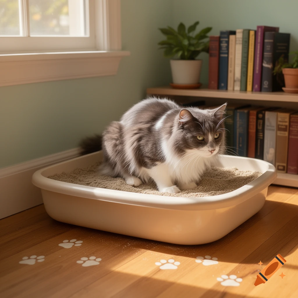 A fluffy gray and white cat stands in a litter box on a wooden floor with sunbeams and paw prints.