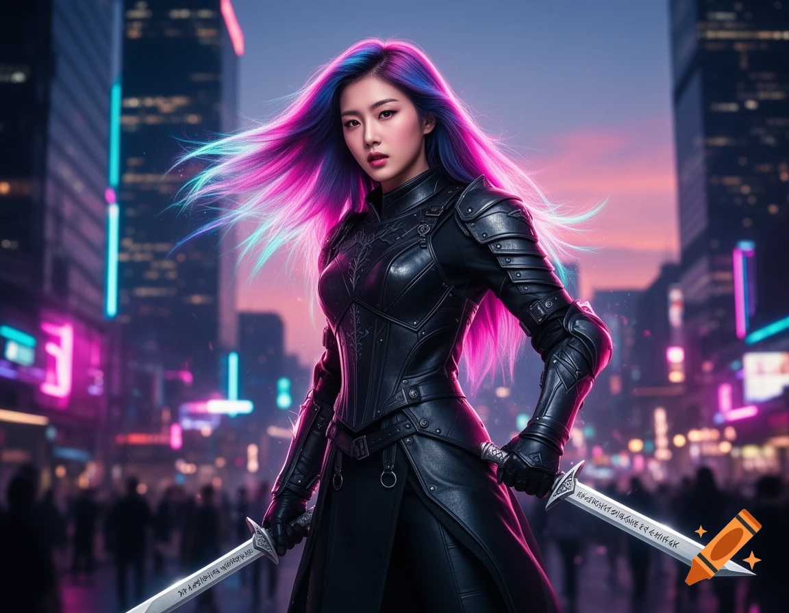 A woman with vibrant pink and blue hair in black leather armor holds two swords in a neon-lit cyberpunk city.