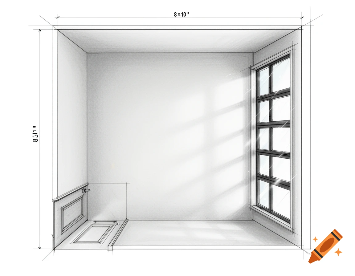 Sketch drawing of an empty room layout with dimensions 8x10, a tall window on the right wall, and wainscoting on the left wall.