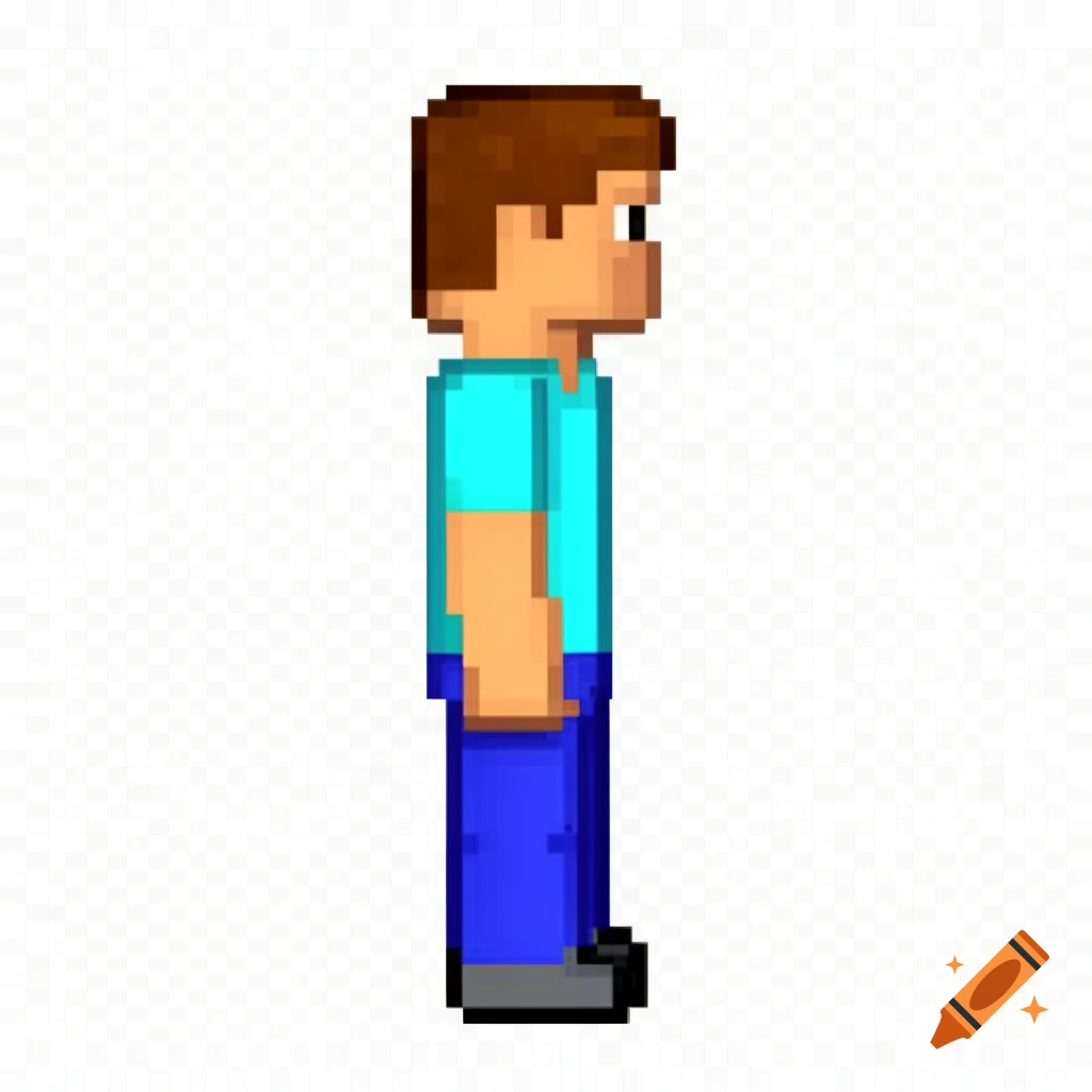 Pixel art character resembling Minecraft's Steve, shown in full side profile, with brown hair, tan skin, a cyan shirt, and blue pants, on a transparent background.