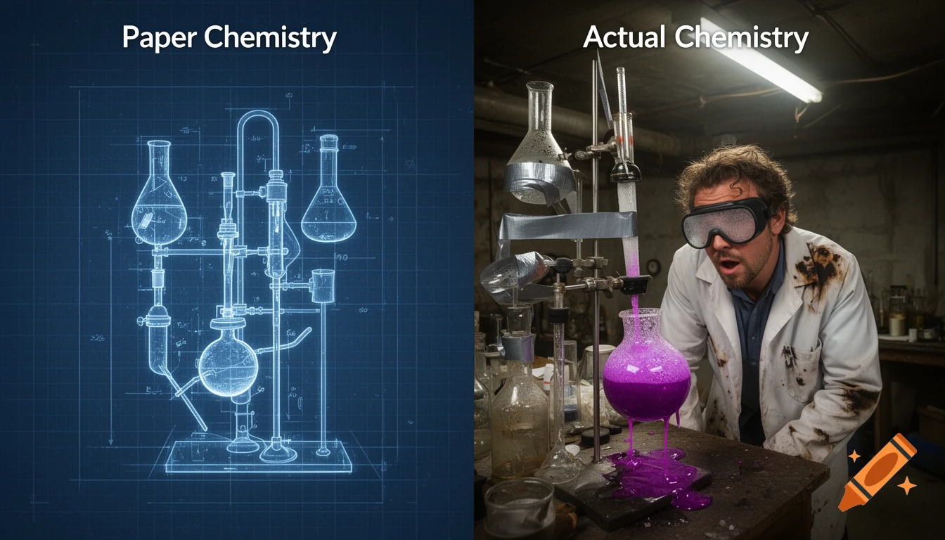 Split image: a pristine blueprint of chemical apparatus on the left, a surprised scientist reacting to an overflowing purple liquid in a chaotic lab on the right.