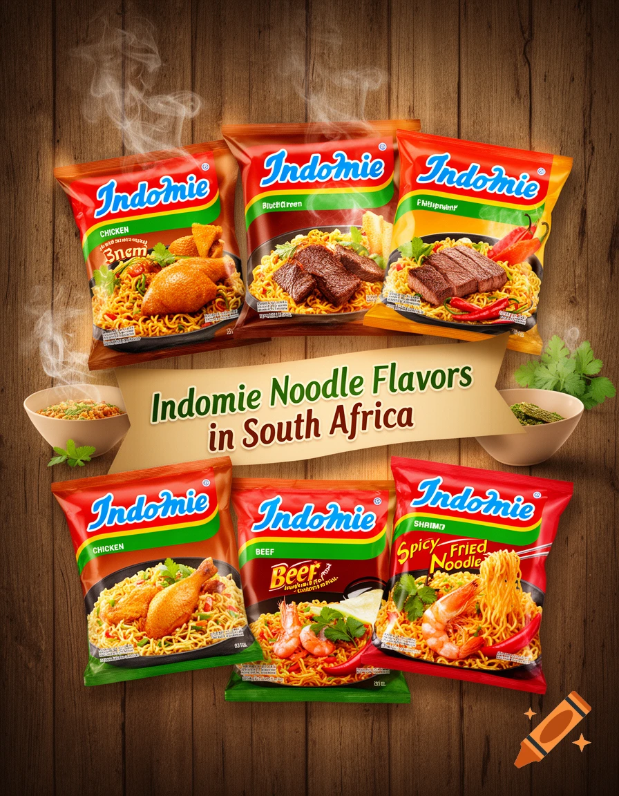 A poster displaying six Indomie instant noodle packets on a wooden background, with a banner reading "Indomie Noodle Flavors in South Africa" across the center. Steam rises from the top packets, and ingredients like chicken, beef, shrimp, and chili are shown with the noodles.