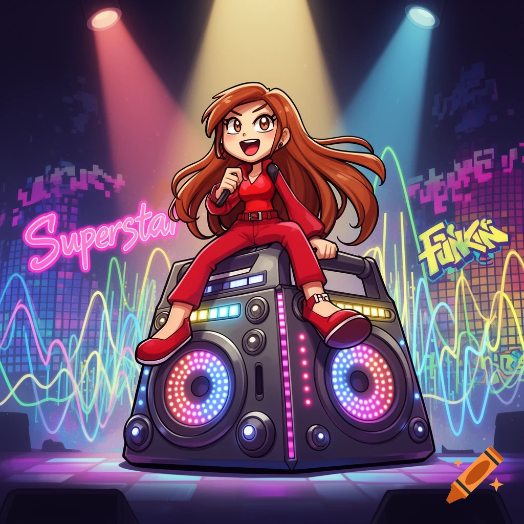 Cartoon girl with red outfit and long brown hair sitting on a boombox, holding a microphone on a stage with neon lights and text.