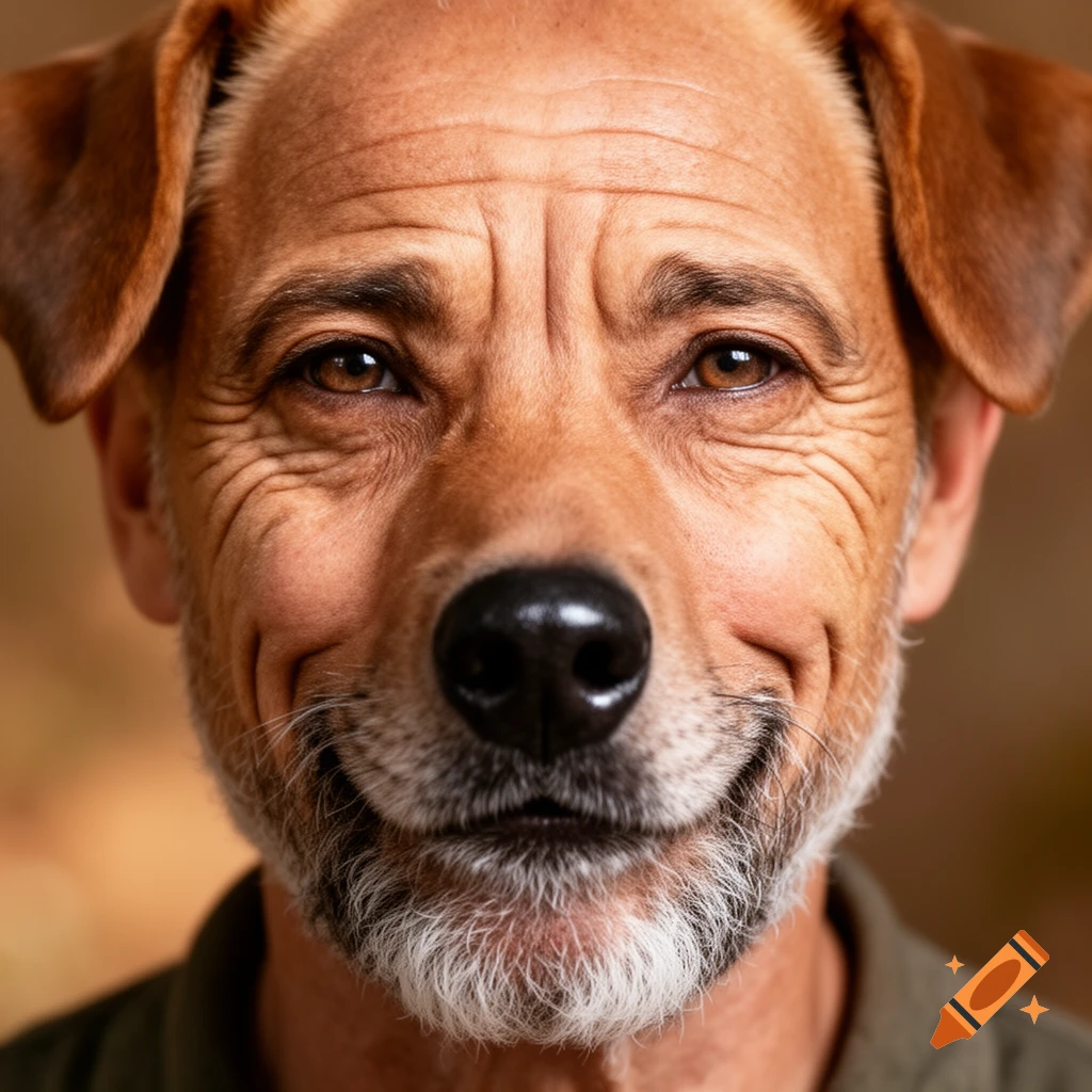 Close-up photorealistic portrait of a man's face with dog ears and a black dog nose, smiling.