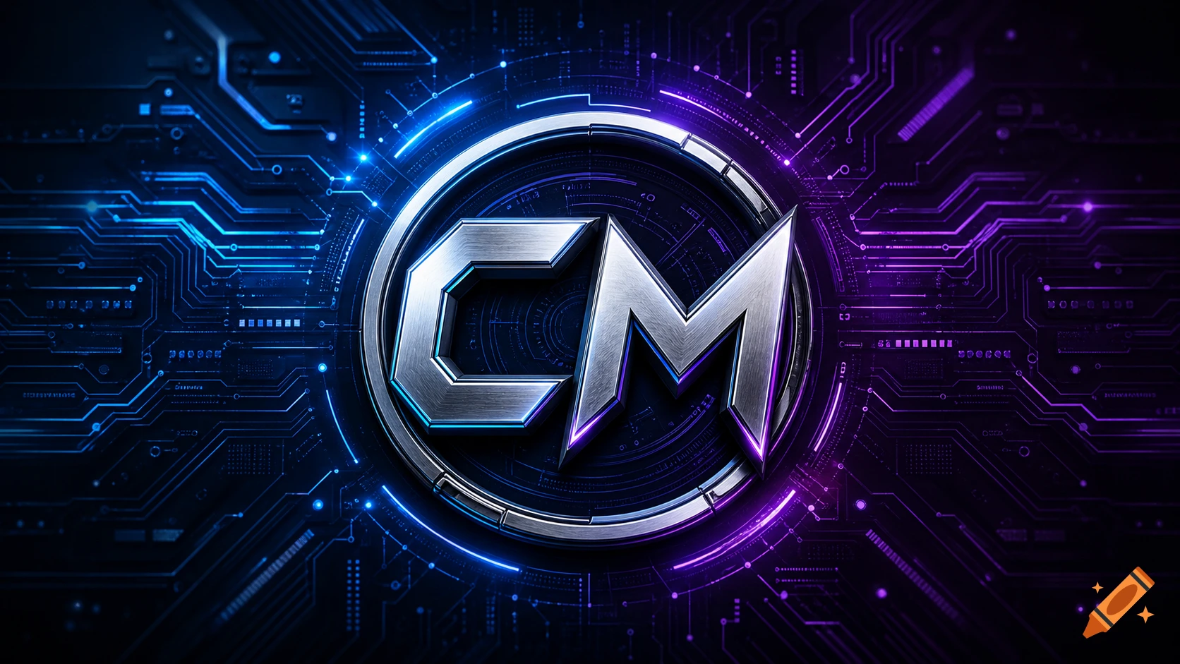 Metallic 'CM' logo encircled by a glowing futuristic circuit board design with blue and purple neon lights.