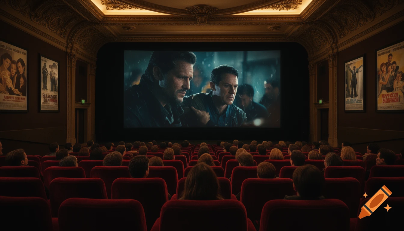 A wide shot of a crowded movie theater with red seats, showing a film with two men on the large screen.