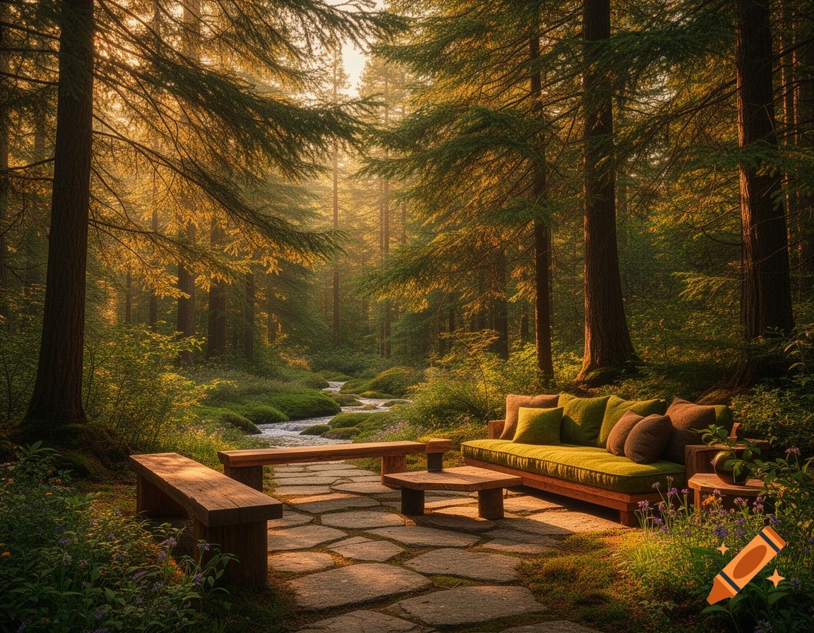 A cozy outdoor seating area with a green couch and benches on flagstones in a sunlit forest with a stream.