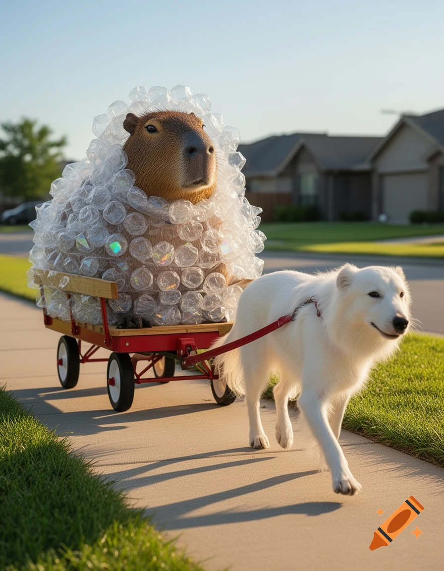 A white dog pulls a red wagon containing a capybara wrapped in bubble wrap down a sunny sidewalk in a neighborhood.