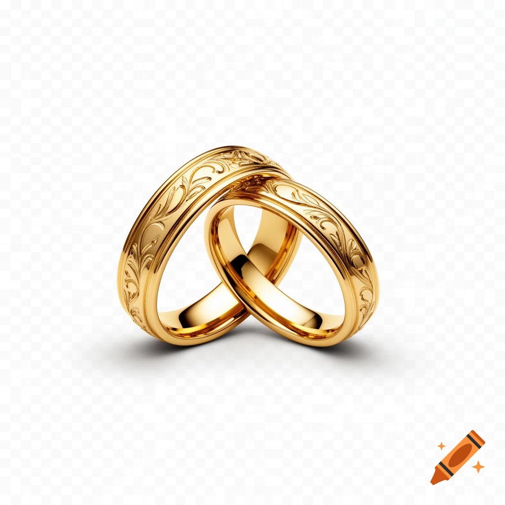 Two ornate gold wedding rings with intricate scrollwork, intertwined on a transparent background.
