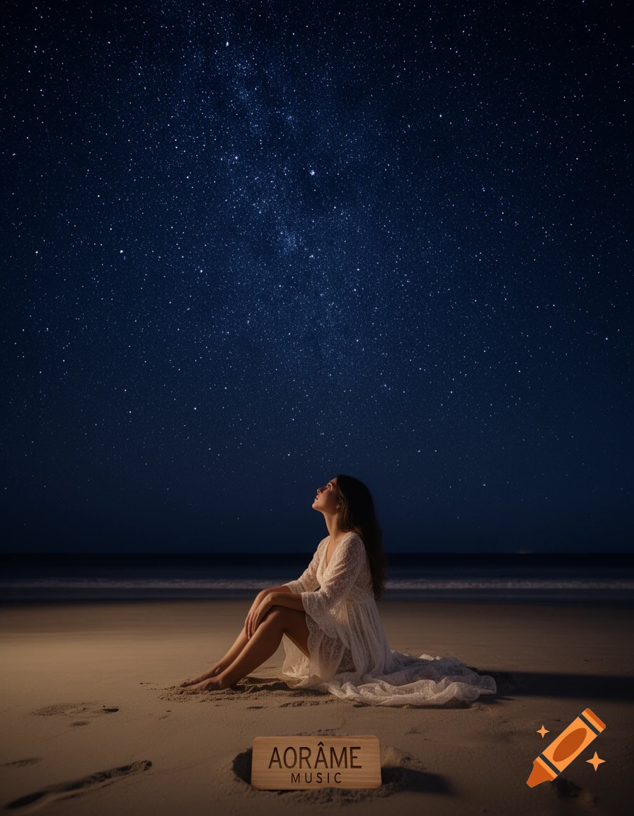 A woman in a white dress sits on a beach at night, looking up at a vibrant starry sky, with 'AORÂME MUSIC' on a sign.