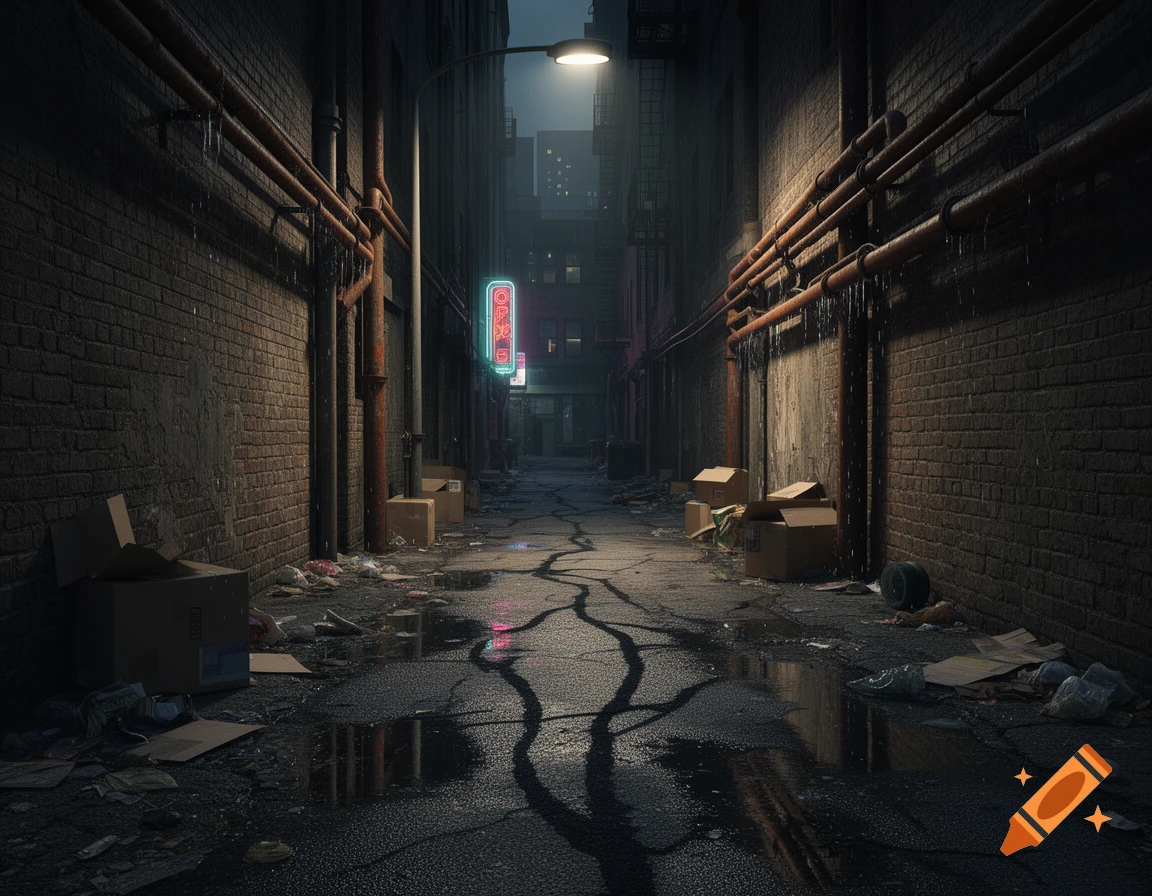 A dark, damp urban alleyway at night, lit by a streetlamp and a distant neon sign, with trash and cardboard boxes on wet pavement.