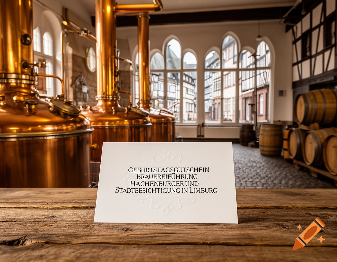 A white gift voucher on a rustic wooden table in a brewery with copper tanks, wooden barrels, and arched windows showing an old town.