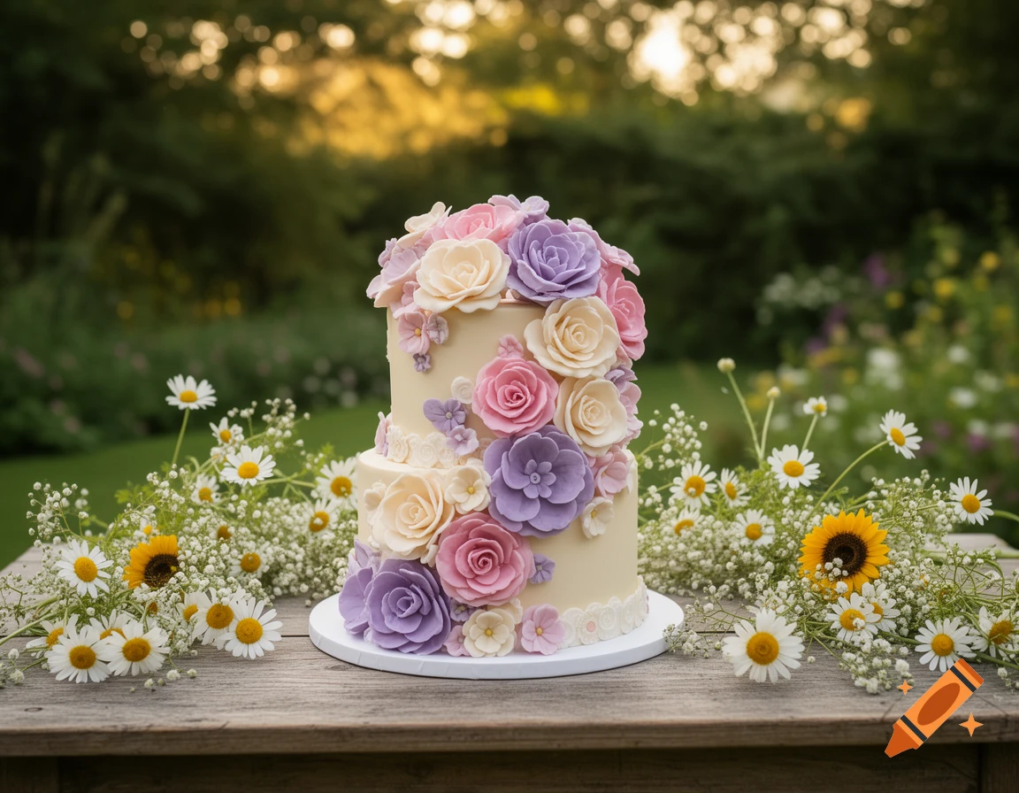Two-tier cream birthday cake with pink, purple, and cream sugar flowers, surrounded by daisies and sunflowers on a wooden table in a garden.