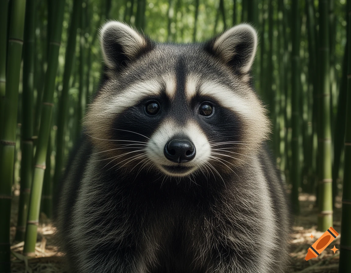 Close-up photorealistic shot of a fluffy raccoon with black eye markings staring forward in a bamboo forest.