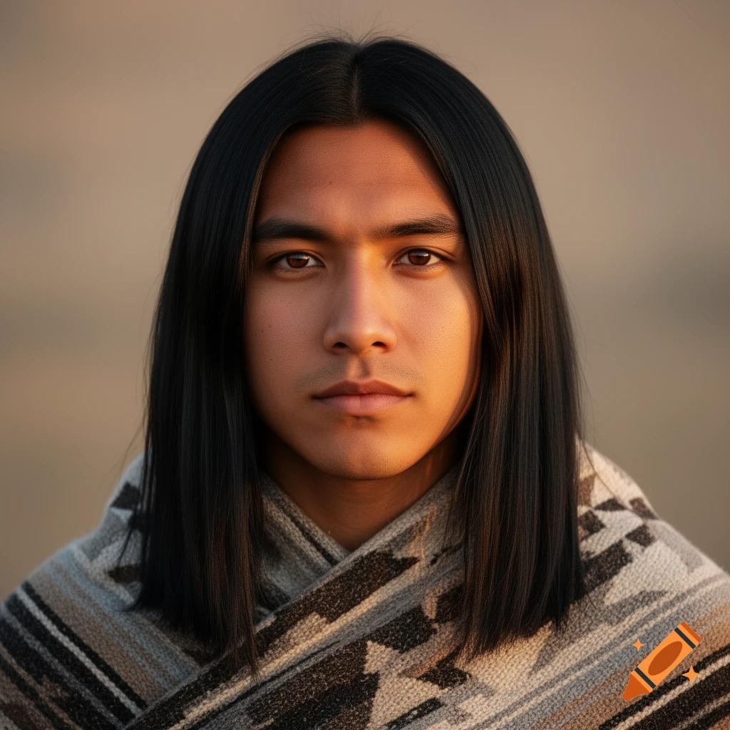 A striking portrait of a young man with long, straight black hair, wearing a patterned blanket, looking calmly at the viewer.