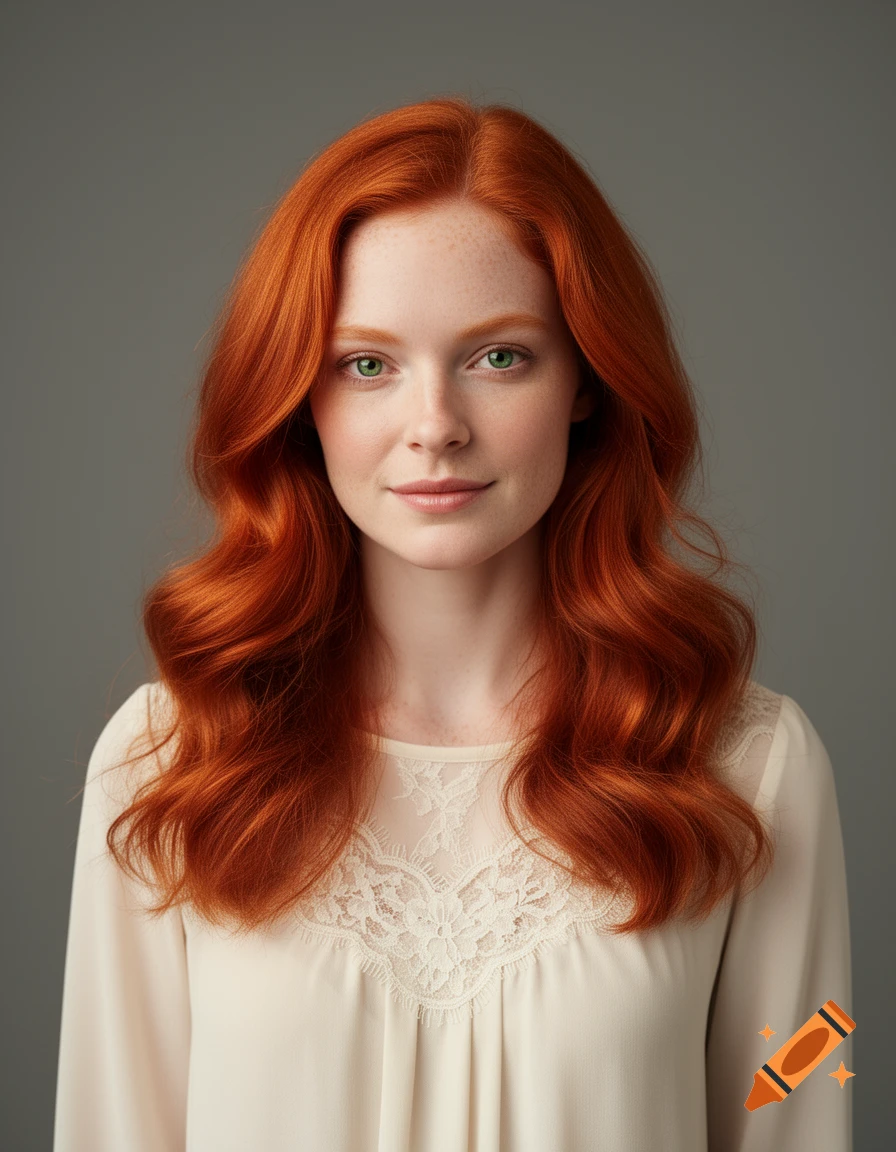 A detailed portrait of a young British redhead woman with green eyes, fair skin, and freckles, wearing a cream blouse with lace.
