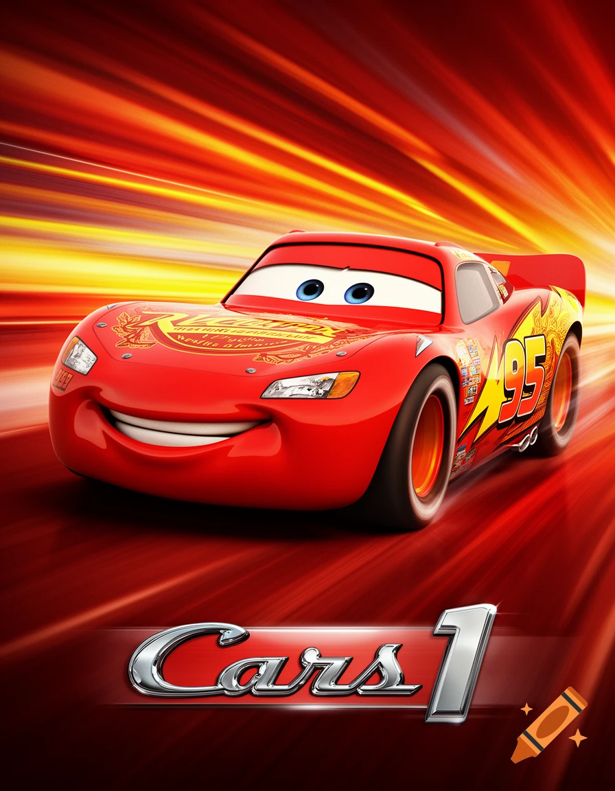 Lightning McQueen from Disney Pixar's Cars smiles against a fiery red-orange background with the 'Cars 1' logo.