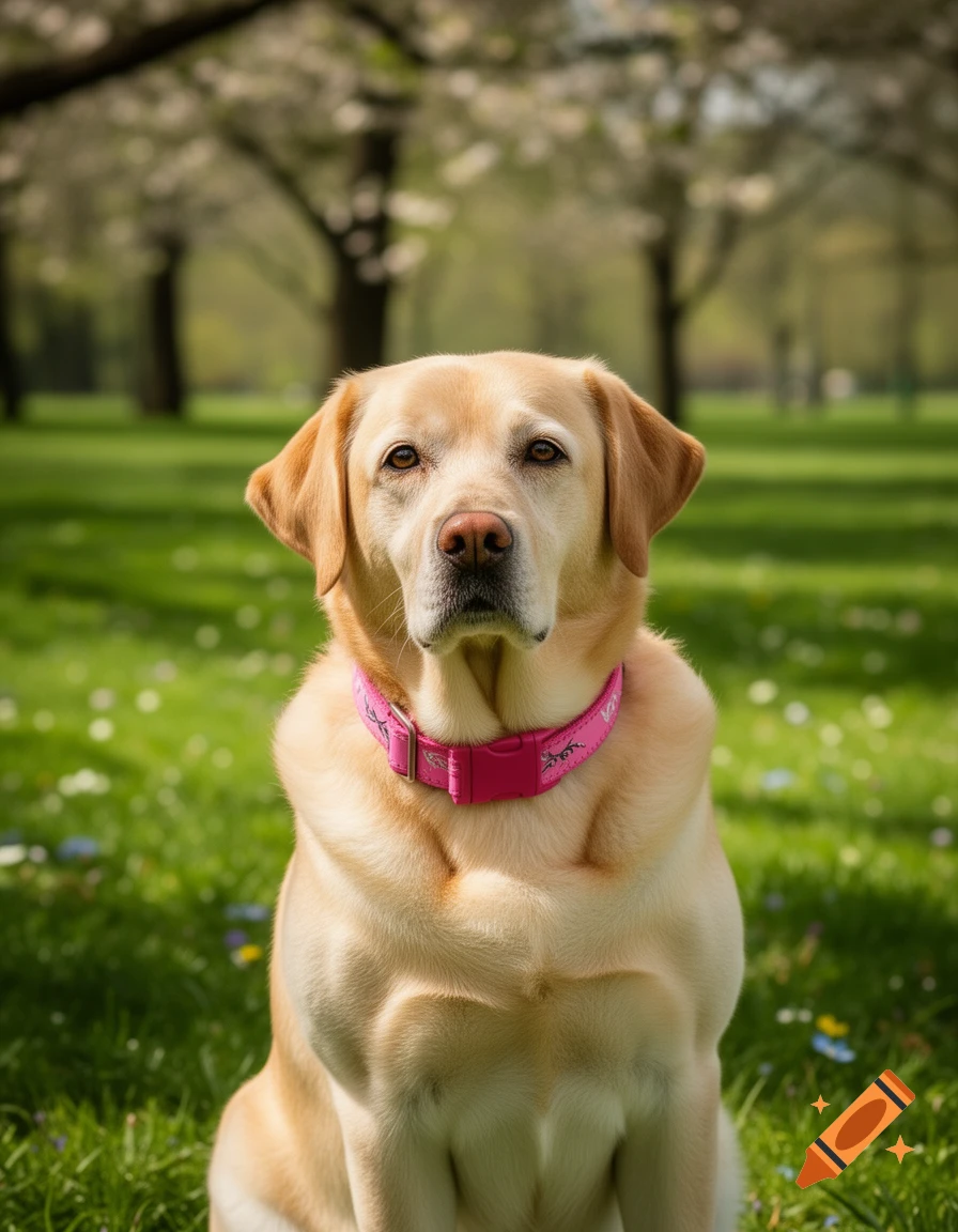 A blonde Labrador dog wearing a pink collar sits in a grassy park with trees in the background.