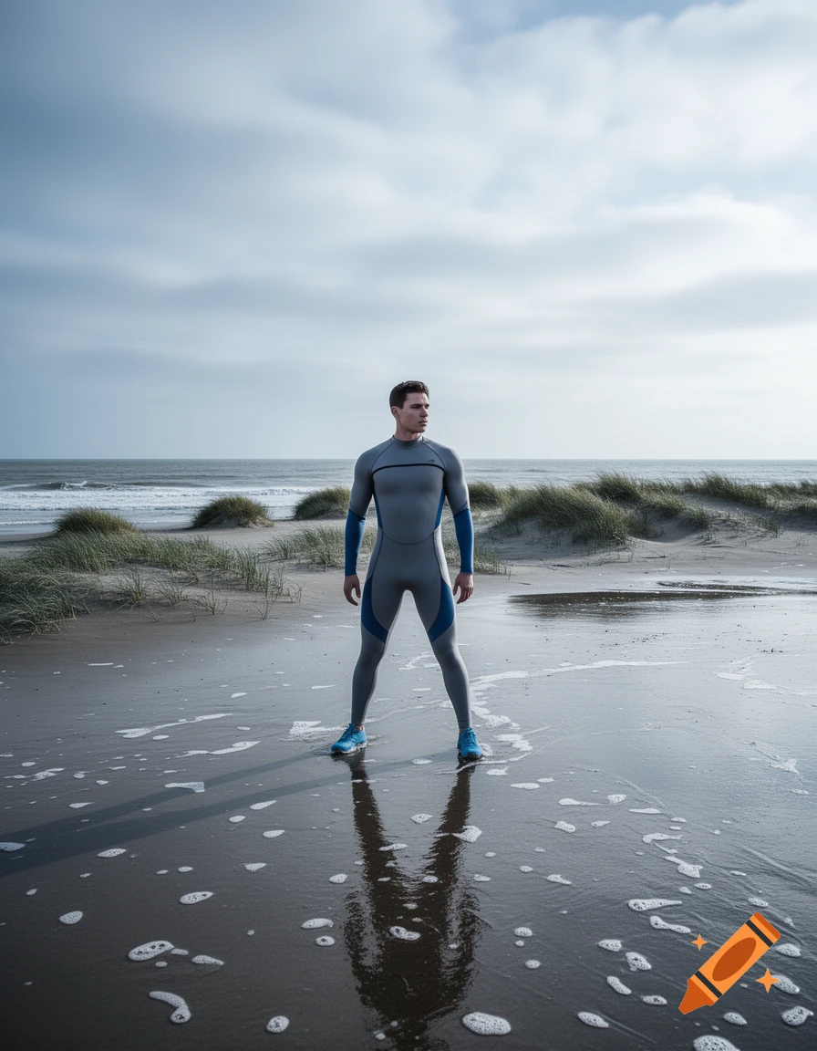 A man in a grey and blue wetsuit stands on a wet sandy beach under a cloudy sky.