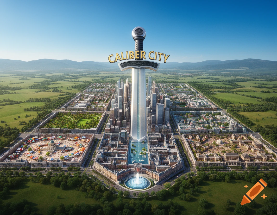 An aerial view of Caliber City, designed in the shape of a sword, with its districts nestled in green landscapes under a clear blue sky.