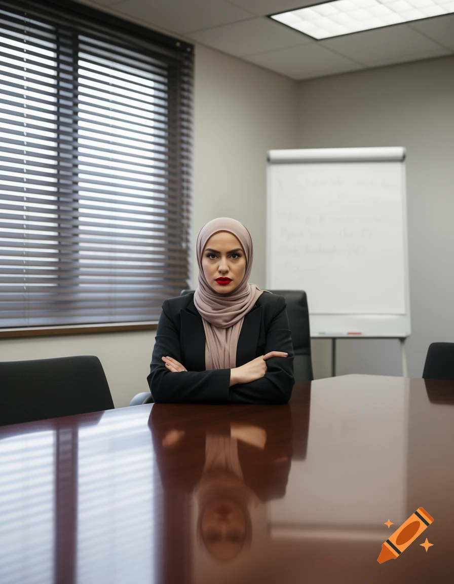 A woman in a hijab sits sternly at a boardroom table with folded arms, venetian blinds and a whiteboard behind her.