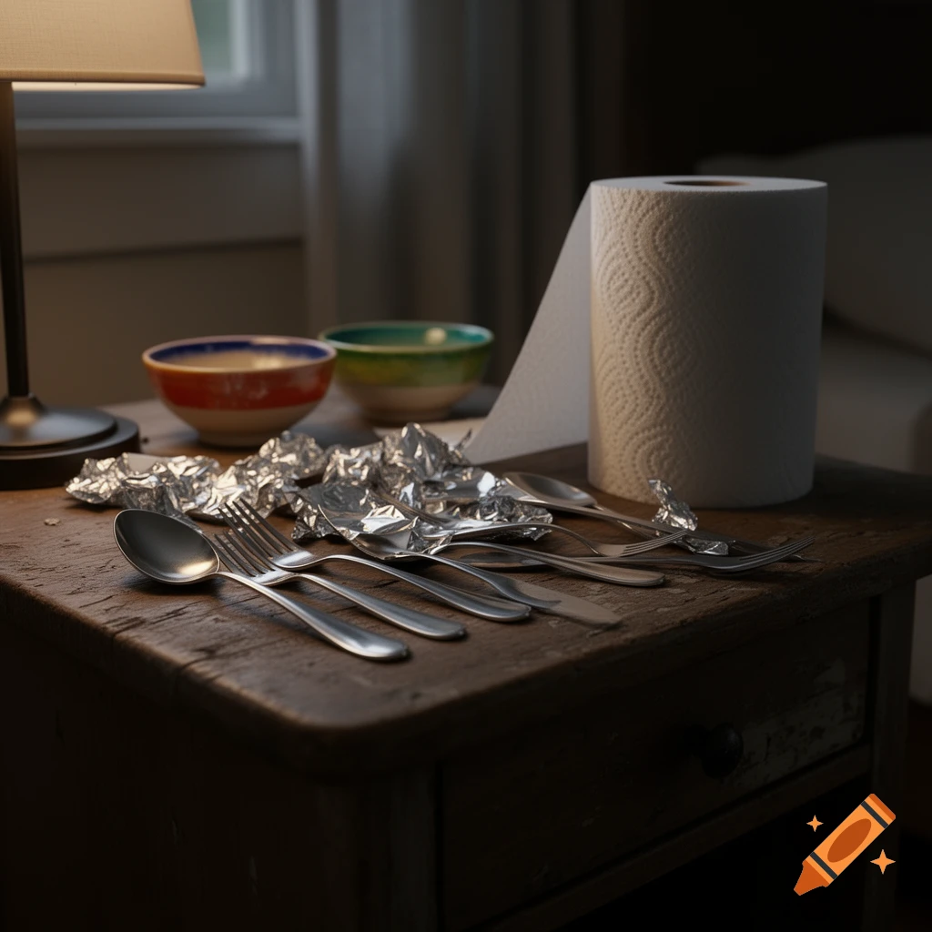 Photorealistic still life of used cutlery, crumpled foil, two bowls, and a paper towel roll on a wooden nightstand.