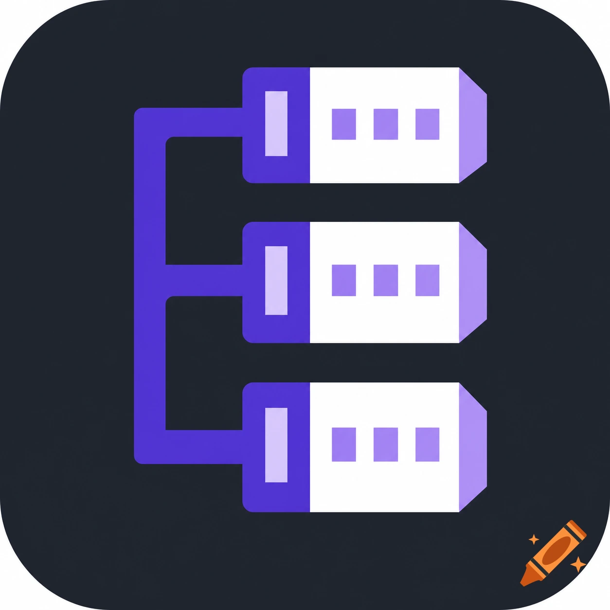 A minimal 2D app icon featuring three white rectangular data blocks connected by a thick purple spine on a dark gray rounded square background.