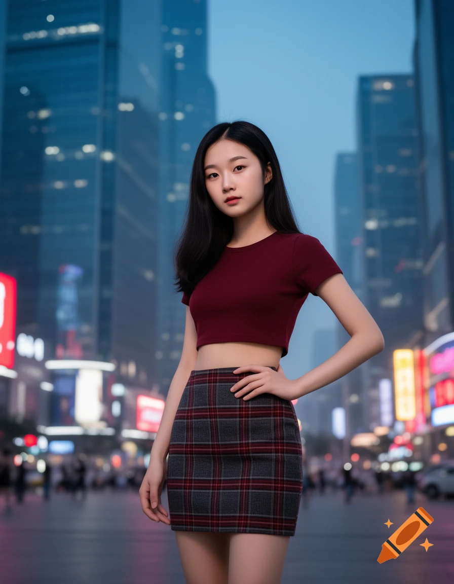 Young Asian woman in red crop top and plaid mini skirt standing in a blurred city street with tall buildings.
