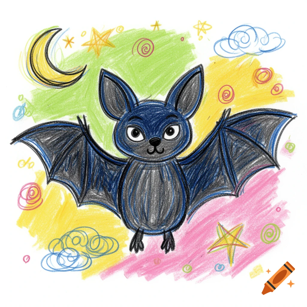 A cute blue bat with big ears and open wings, drawn in a colorful crayon kids' style with a crescent moon, stars, and clouds in the background.