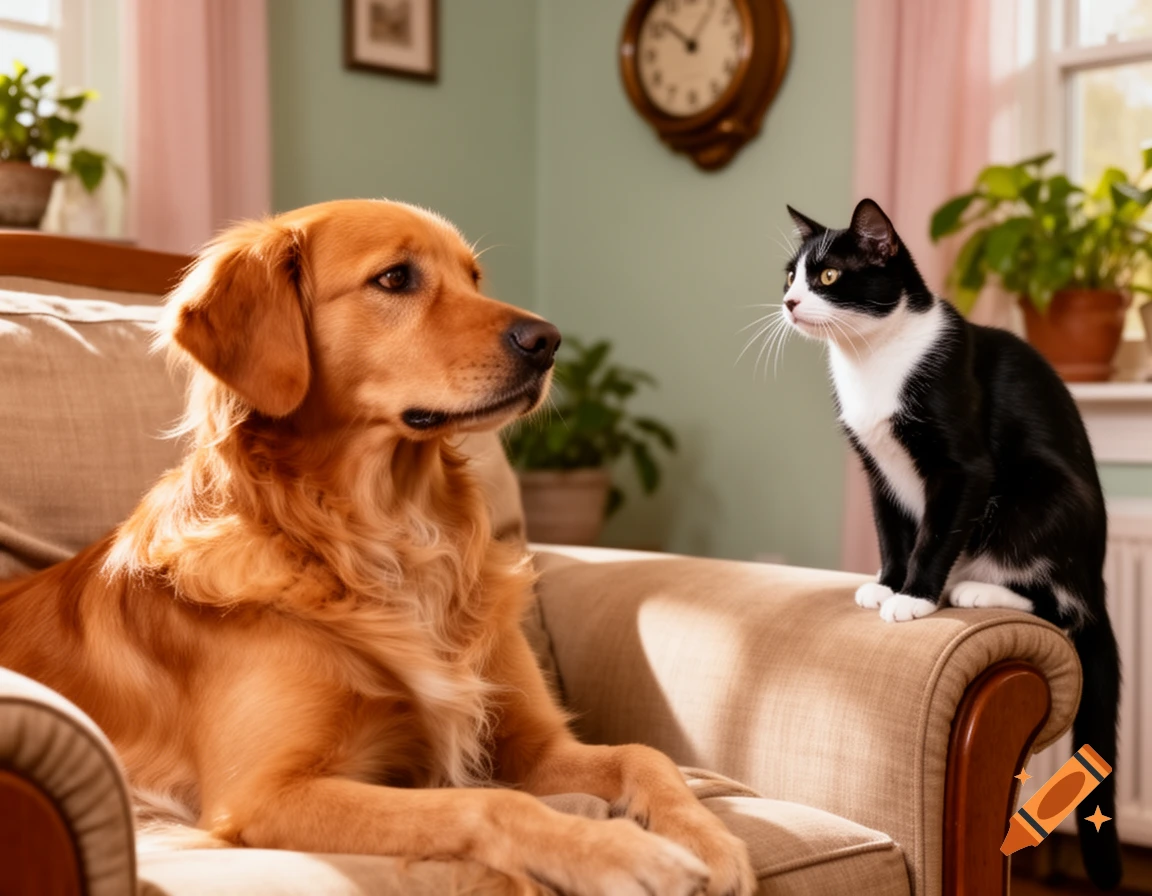 A golden retriever dog lies on a light brown couch, looking at a black and white cat perched on the armrest in a cozy living room.