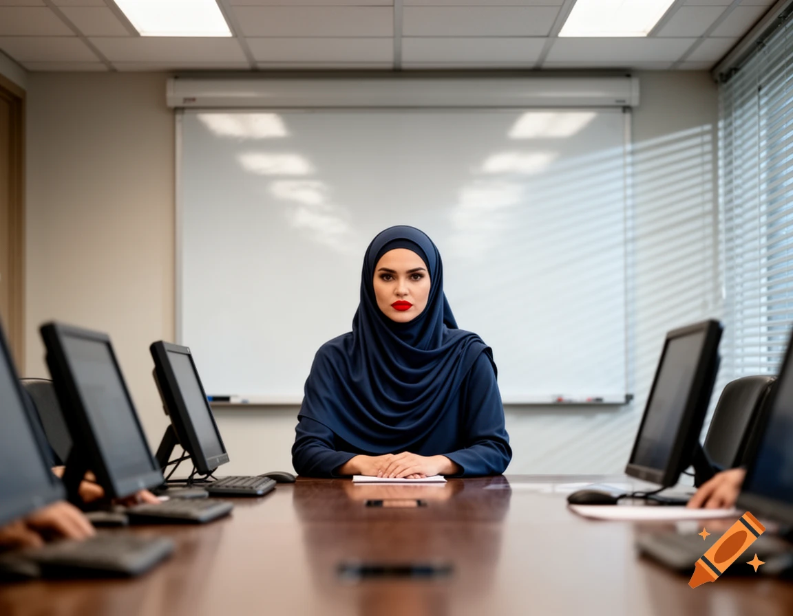 Photorealistic portrait of a woman in a blue hijab sitting sternly at a boardroom table with computers.