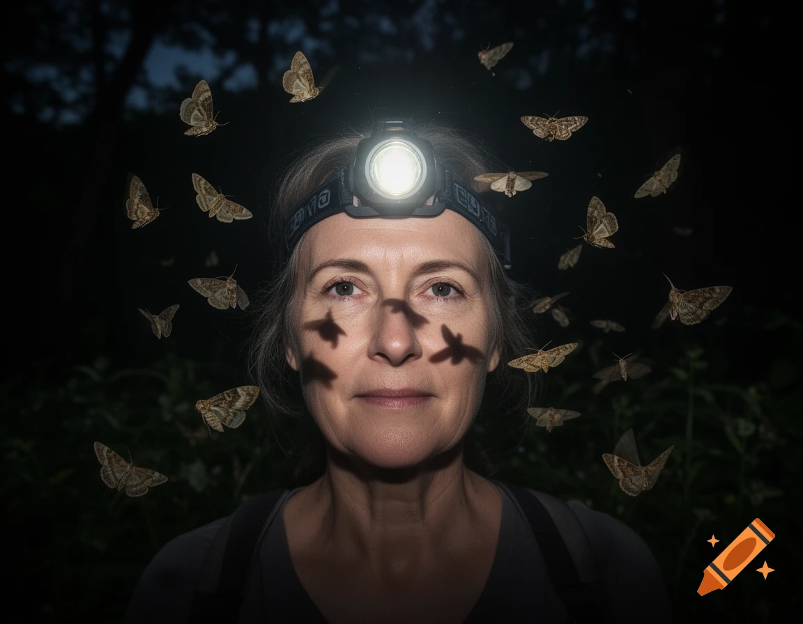 A middle-aged woman with a headlamp on in the dark, surrounded by numerous moths, with shadows of moths cast on her face.