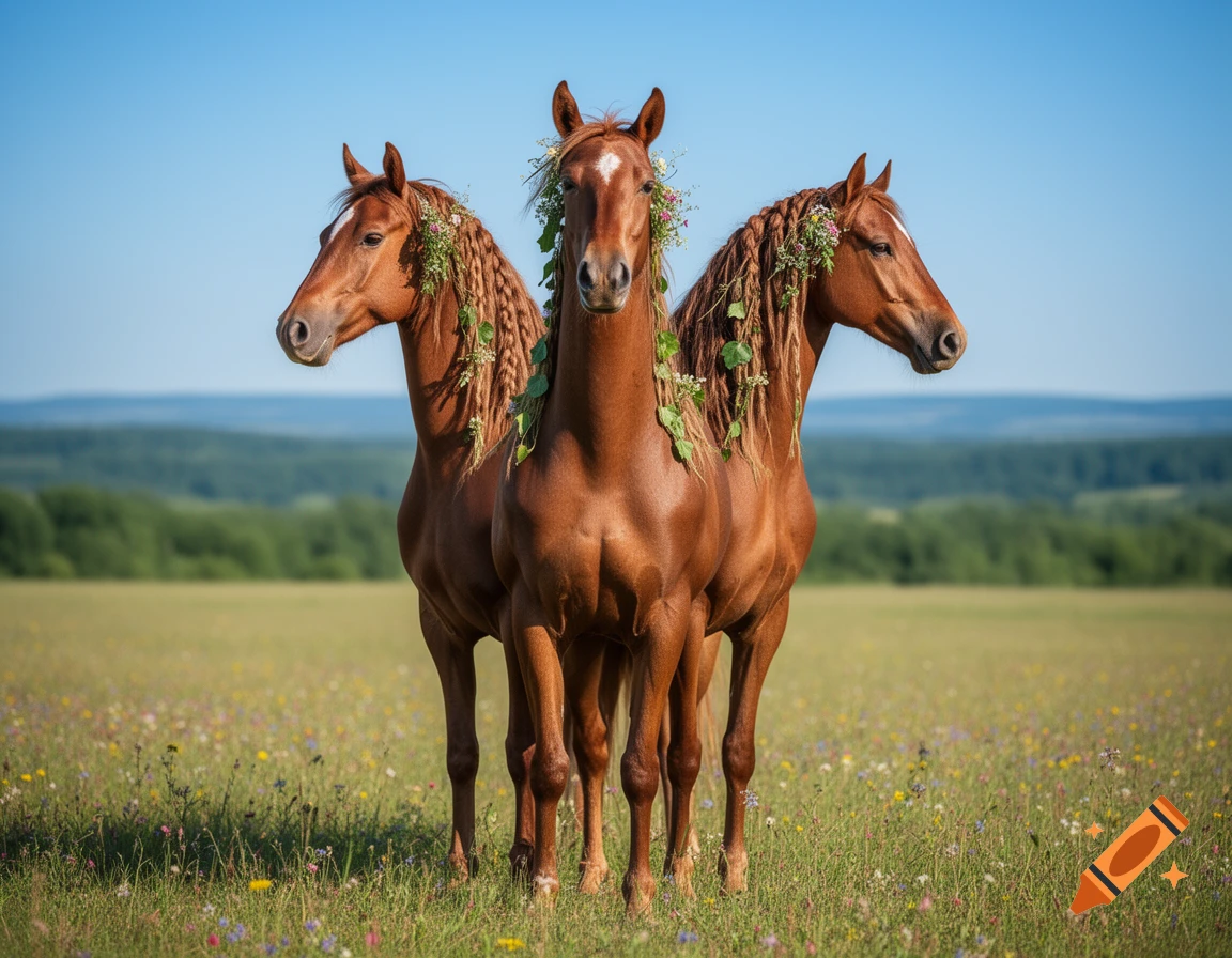 Three brown horses with braided manes adorned with flowers stand in a sunlit green meadow with wildflowers.