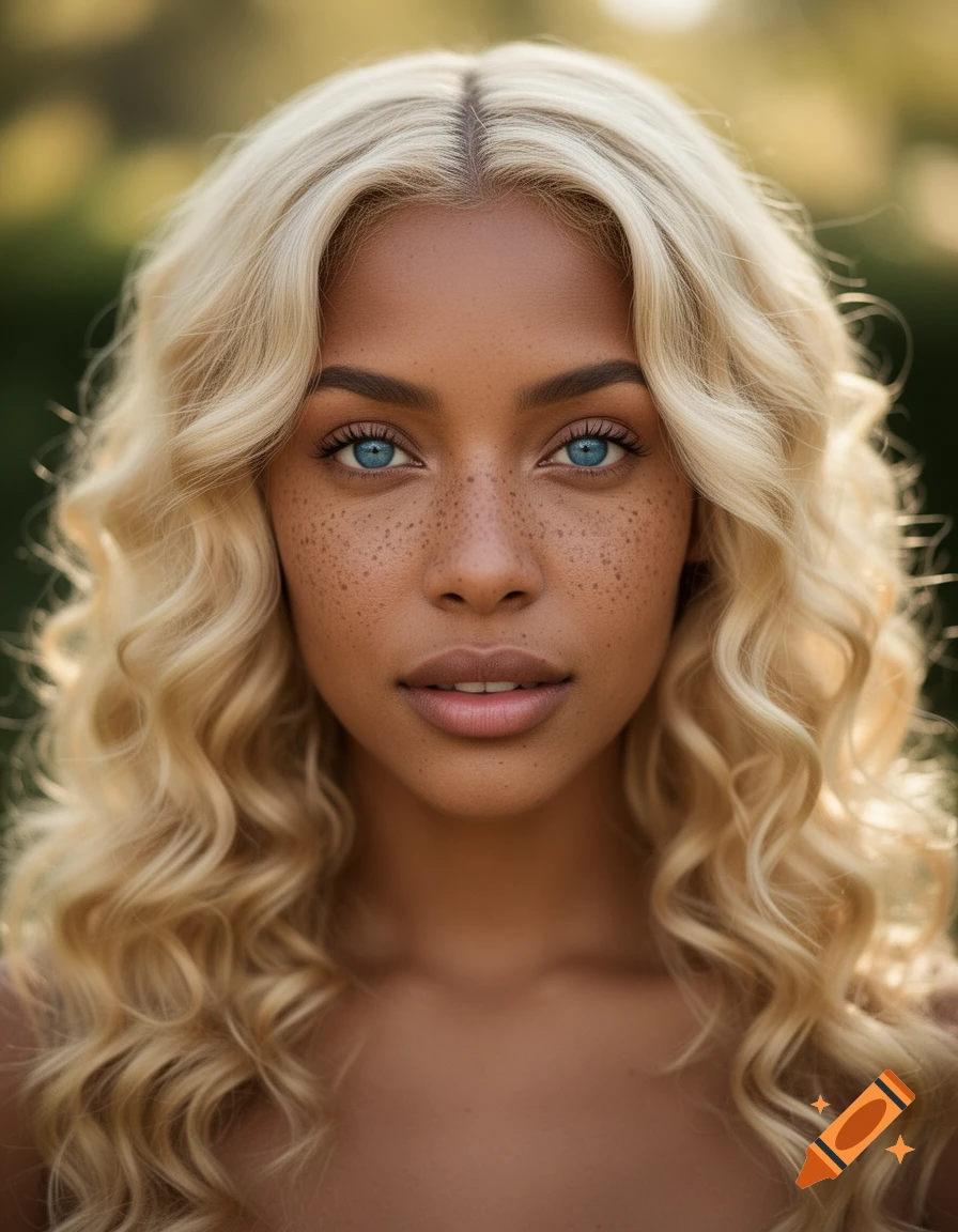 Close-up photorealistic portrait of a woman with long blonde curly hair, blue eyes, and freckles, looking directly at the viewer.