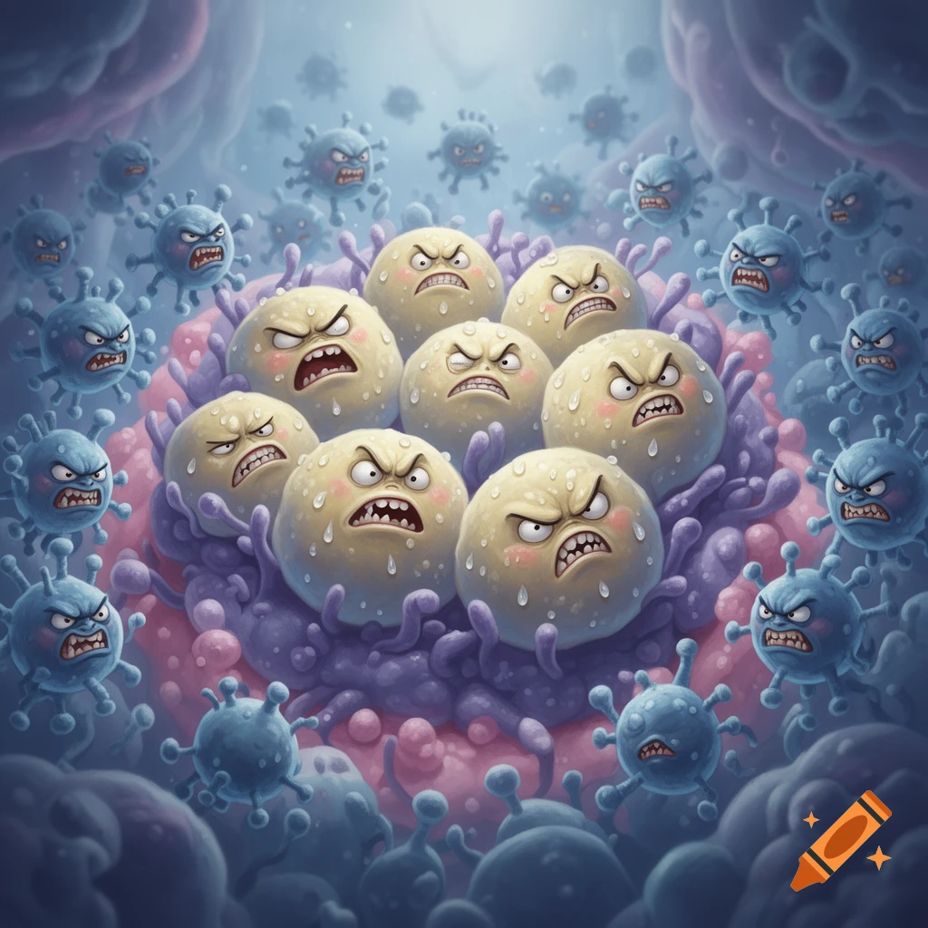 Cartoon angry, sweaty pancreatic islet cells surrounded by spiky blue attacking lymphocytes in a microscopic view.