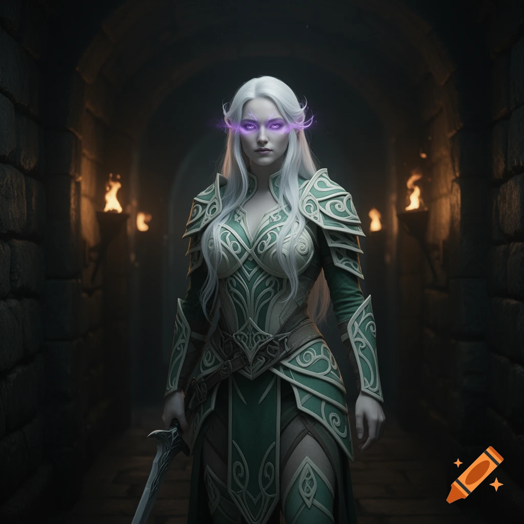 A white-haired female fantasy warrior with glowing purple eyes and intricate green armor stands holding a sword in a torch-lit dungeon.