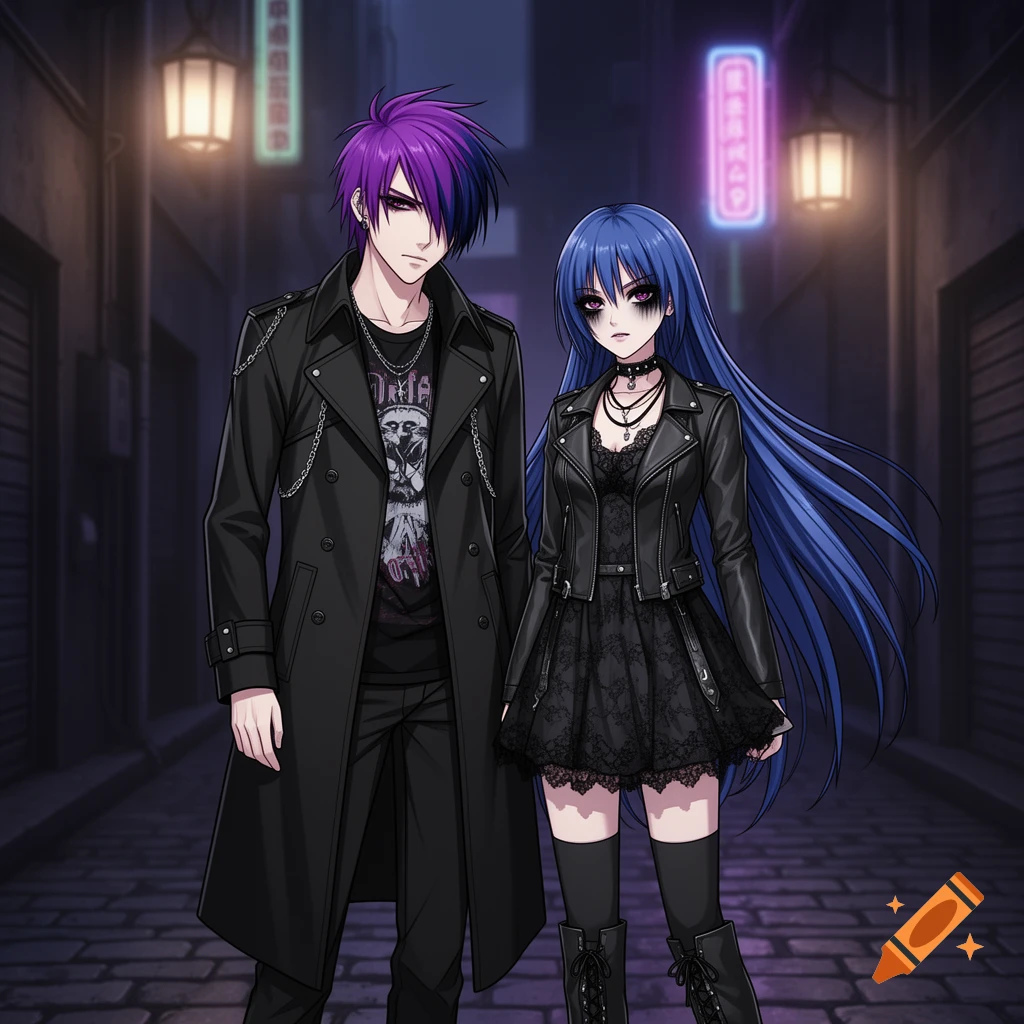 An anime emo man with purple hair and an emo woman with blue hair, both in black attire, stand in a dark, neon-lit alleyway.