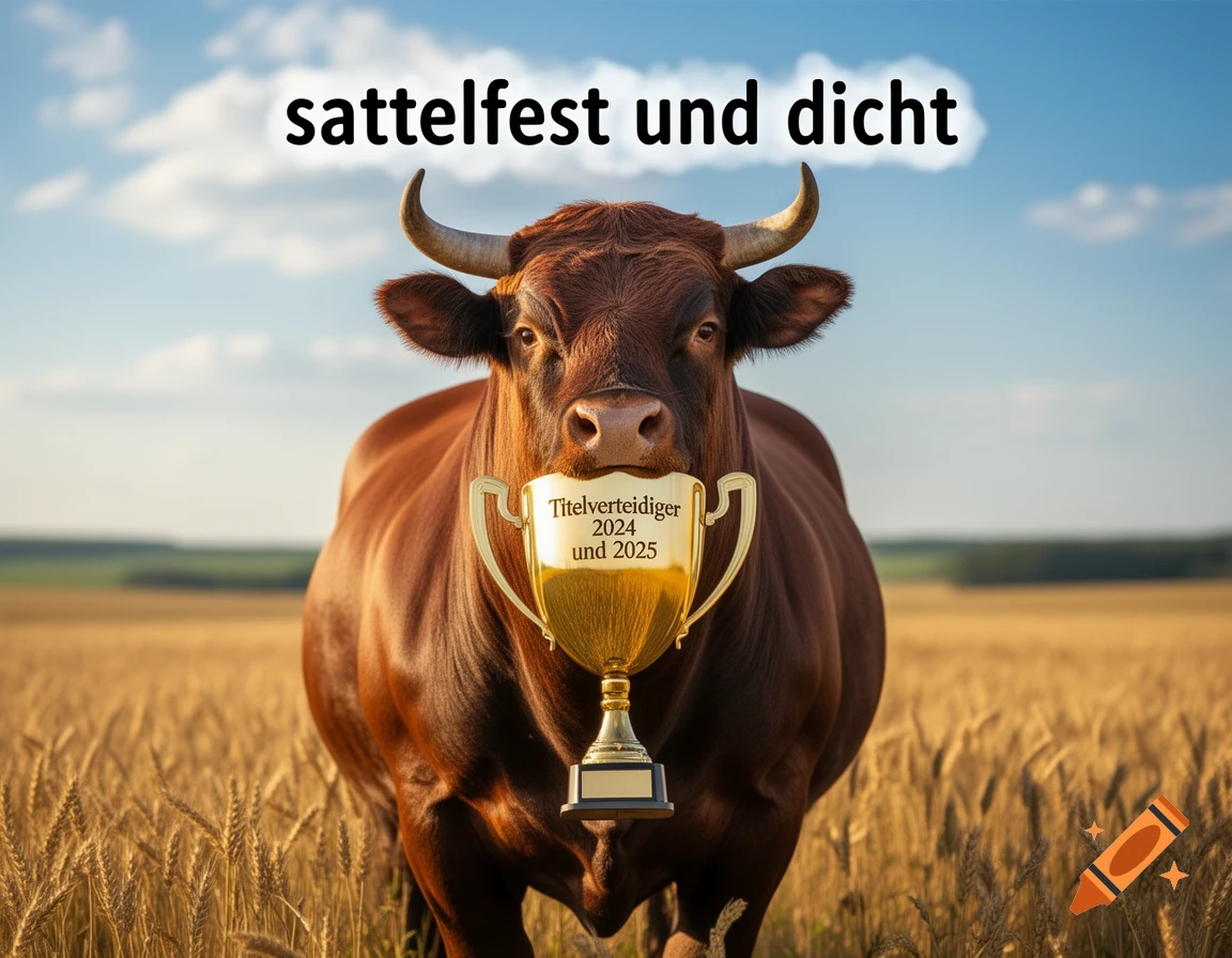 A photorealistic brown bull holds a golden trophy in its mouth in a wheat field, with text "sattelfest und dicht" above and "Titelverteidiger 2024 und 2025" on the cup.