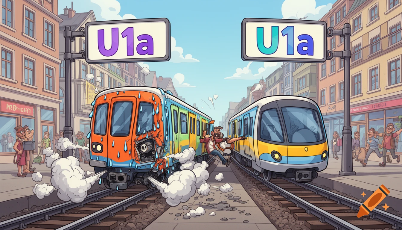 Cartoon image of two subway trains on a track in a city street. The left train is damaged and smoking, while a man in the middle jumps from it towards the intact right train. Signs above both trains read "U1a".