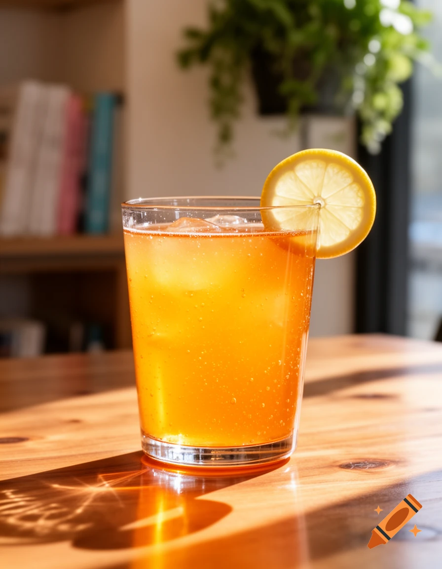 A clear glass filled with an orange beverage and ice, garnished with a lemon slice, on a wooden table with sunlight.